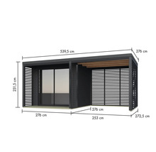 Abbildung eines Gartenhauses mit Maßangaben.