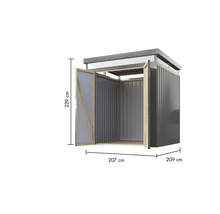 Geräteschuppen mit geöffneten Türen und Maßangaben für Höhe, Breite und Tiefe