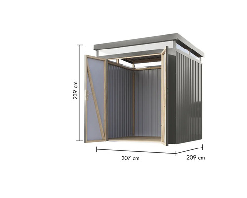 Geräteschuppen mit geöffneten Türen und Maßangaben für Höhe, Breite und Tiefe