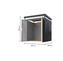 Metall Gerätehaus mit einer Höhe von 239 cm, einer Breite von 207 cm und einer Tiefe von 209 cm.
