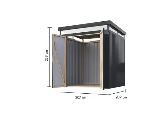 Metall Gerätehaus mit einer Höhe von 239 cm, einer Breite von 207 cm und einer Tiefe von 209 cm.