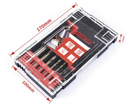 Bohrerset mit verschiedenen Bohrern in einer transparenten Kunststoffbox der Marke Rattfield