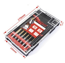 Bohrer-Set in einer transparenten Kunststoffbox mit Größenangaben