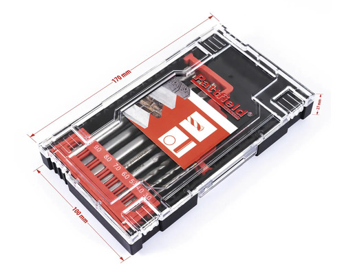 Pattfield Bohrerset in transparenter Box mit Größenangaben