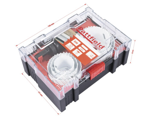 Lochsägensatz in Aufbewahrungsbox mit den Maßen 190 mm x 141 mm x 85 mm