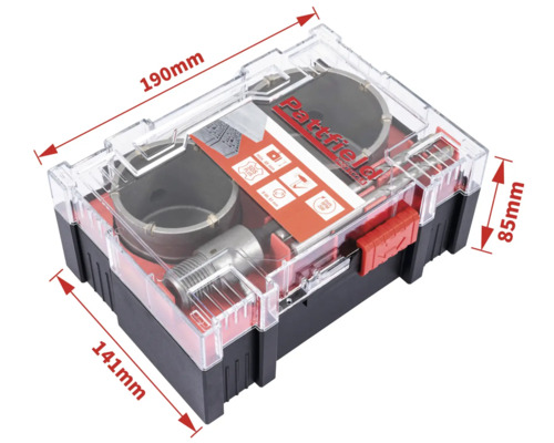 Partfield Dosenbohrer Set in transparenter Box mit Größenangaben