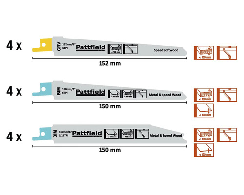 Pattfield Säbelsägeblatt Set für Holz und Metall, verschiedene Größen, 12 Stück