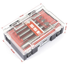 Bohrerset in transparenter Kunststoffbox mit den Maßen 170 mm x 70 mm x 35 mm.