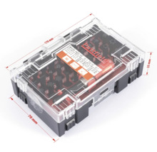 Pattfield Bitset mit verschiedenen Schraubendreher-Bits in einem transparenten Kunststoffkoffer mit Größenangaben