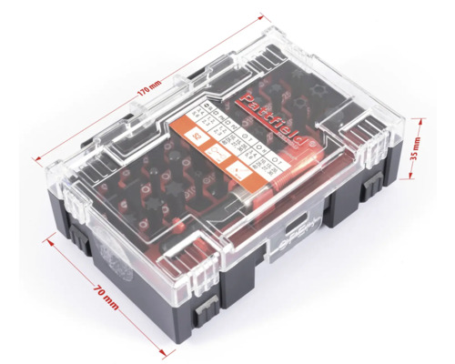 Pattfield Bitset mit verschiedenen Schraubendreher-Bits in einem transparenten Kunststoffkoffer mit Größenangaben