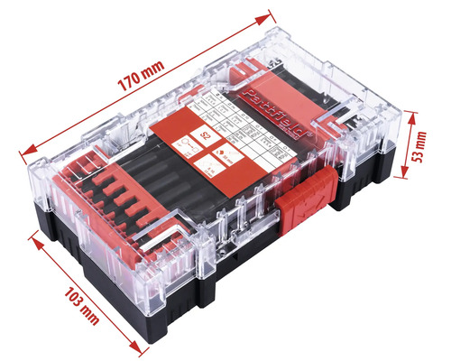 Partfield Bitsatz in einer transparenten Kunststoffbox mit Größenangaben