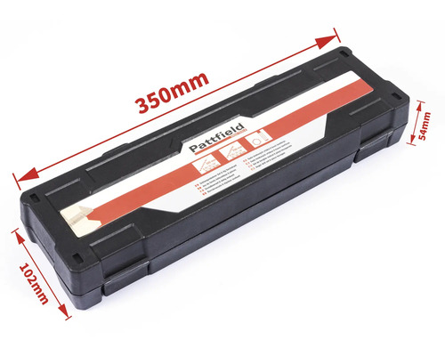 Pattfield Logo Werkzeugkasten mit den Maßen 350 mm Länge, 102 mm Breite und 54 mm Höhe