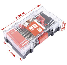 Partfield Gewindebohrer- und Schneideisen-Satz im durchsichtigen Kunststoffkasten mit den Massen 170 mm x 103 mm x 53 mm.