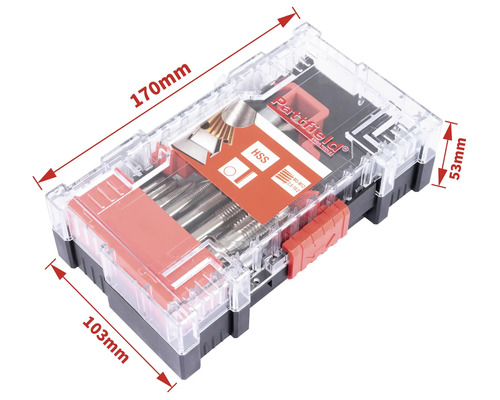 Partfield Gewindebohrer- und Schneideisen-Satz im durchsichtigen Kunststoffkasten mit den Massen 170 mm x 103 mm x 53 mm.