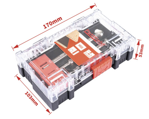 Pattfield Bohrerset in transparenter Kunststoffbox mit Größenangaben