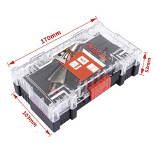 Patfield Werkzeugsatz in transparenter Kunststoffbox mit den Maßen 170 mal 103 mal 53 Millimeter.