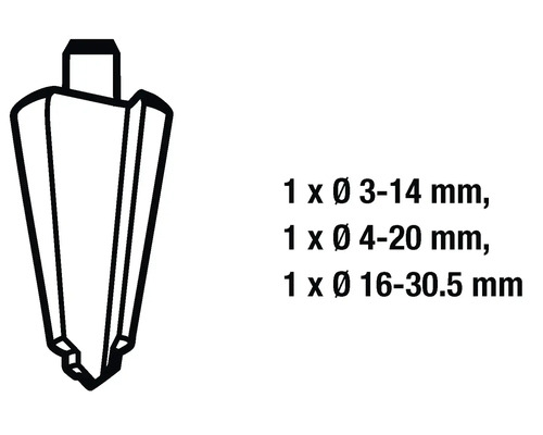 Stufenbohrer Größen 3 bis 14 Millimeter, 4 bis 20 Millimeter und 16 bis 30,5 Millimeter