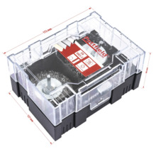 Pattfield Drahtbürsten Set mit verschiedenen Bürstenaufsätzen in transparenter Verpackung mit Maßangaben