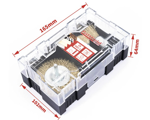 Pattfield Drahtbürsten Set im transparenten Kunststoffkoffer mit Größenangaben.