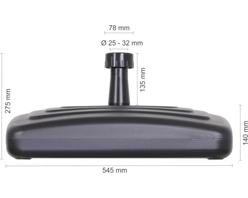 Abmessungen des Sonnenschirmständers mit Mastaufnahme