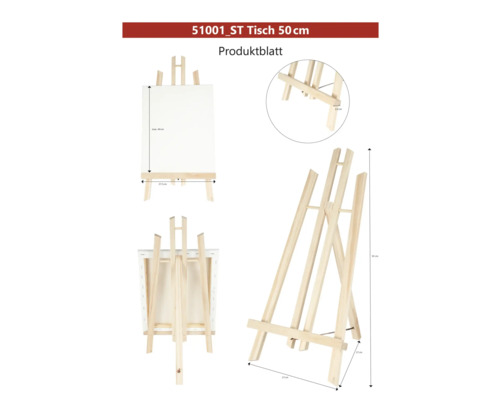 Tischestaffelei aus Holz mit den Maßen maximal 44 mal 27,5 mal 2,6 mal 27 mal 50 Zentimeter