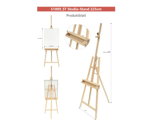 Atelierstaffelei aus Holz mit verstellbarer Höhe.