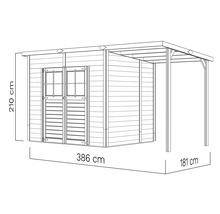 Illustration eines Holzgartenhauses mit einer Höhe von 210 cm, einer Breite von 386 cm und einer Tiefe von 181 cm.