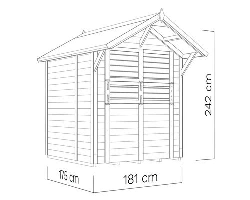 Zeichnung eines Gartenhauses mit den Maßen 175 cm mal 181 cm mal 242 cm.