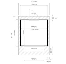 Grundriss mit Abmessungen in Zentimetern und Quadratmetern