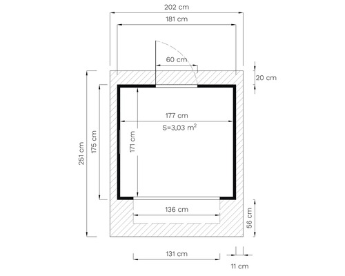 Grundriss mit Abmessungen in Zentimetern und Quadratmetern