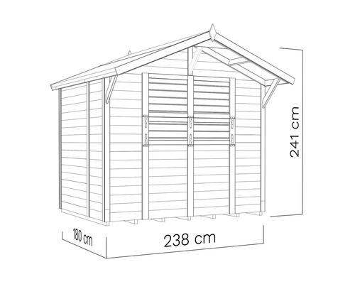 Abbildung eines Gartenhauses mit Maßangaben