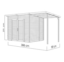 Abbildung eines Gerätehauses mit Abmessungen: 211 cm Höhe, 386 cm Breite und 181 cm Tiefe.