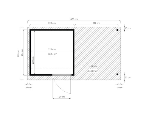 Grundrisszeichnung mit Abmessungen eines Gartenhauses