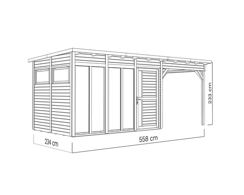 Zeichnung eines Holzgartenhauses mit Abmessungen