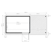 Grundrisszeichnung eines Gartenhauses mit Abmessungen