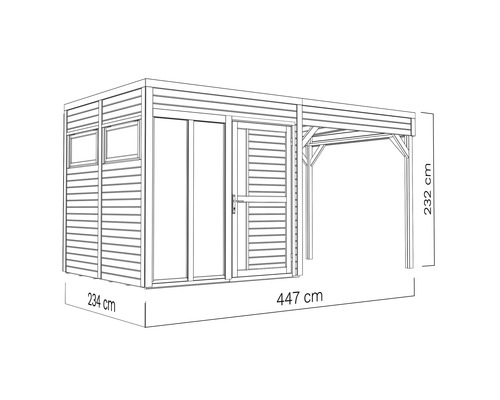 Abbildung eines Gartenhauses mit den Maßen 234 cm x 447 cm x 232 cm