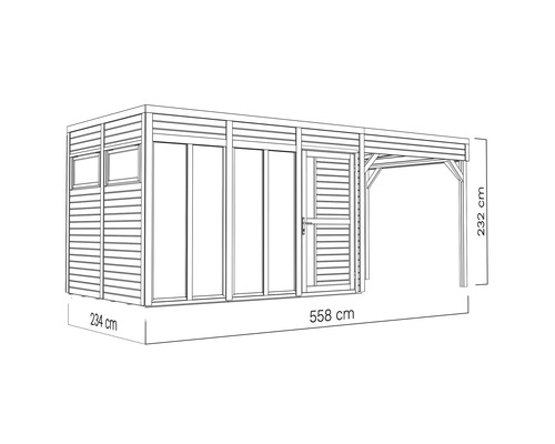 Abbildung eines Gartenhauses mit Carport und Maßangaben