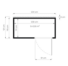 Grundriss mit den Maßen 234 Zentimeter Breite, 121 Zentimeter Höhe und einer Fläche von 2,55 Quadratmetern.