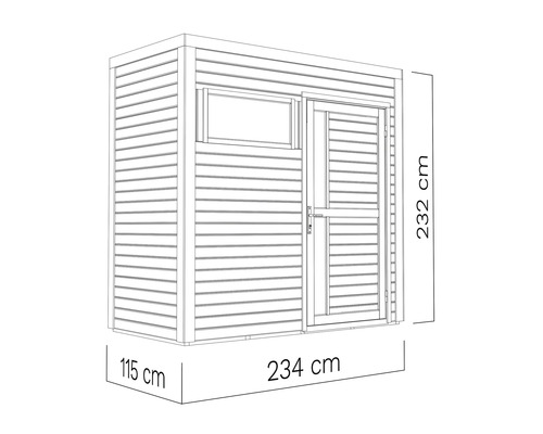 Zeichnung eines Gartenhauses mit den Maßen 115 cm x 234 cm x 232 cm