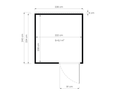 Technische Zeichnung eines Gartenhauses mit Maßangaben