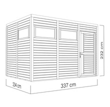 Abbildung eines Gartenhauses mit Abmessungen