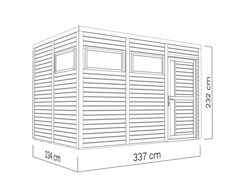 Draufsicht eines Gartenhauses mit den Maßen 234 cm, 337 cm und 232 cm