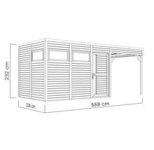 Illustration eines Gartenhauses mit Vordach und Maßangaben