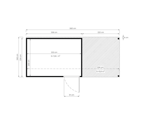 Grundrisszeichnung eines Gartenhauses mit Maßangaben