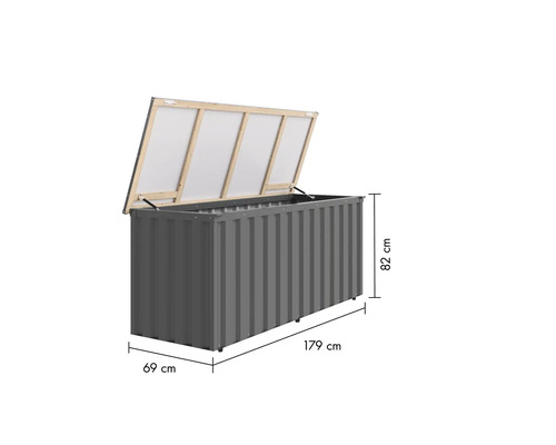 Geöffnete Aufbewahrungsbox aus Metall mit den Maßen 179 cm x 69 cm x 82 cm