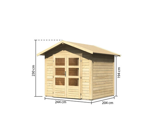Holzgartenhaus mit Doppeltür und Größenangaben
