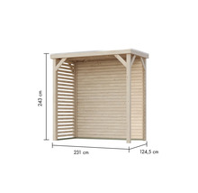 Holzunterstand mit den Maßen 243 cm Höhe, 231 cm Breite und 124,5 cm Tiefe
