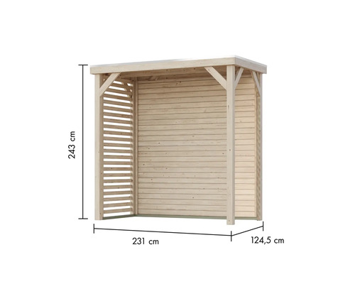 Holzunterstand mit den Maßen 243 cm Höhe, 231 cm Breite und 124,5 cm Tiefe
