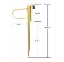 Metall Erdspieß mit den Maßen 13,0 cm, 13,8 cm, 31,5 cm und 45,5 cm.