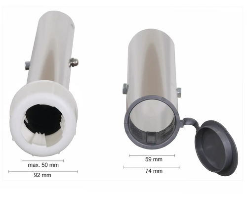 Zwei Ansichten eines Gerätestiel-Halters mit den Maßen 59 mm und 92 mm.